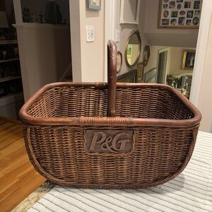 Vintage P&G Brown Wicker Basket with Handle and Lid